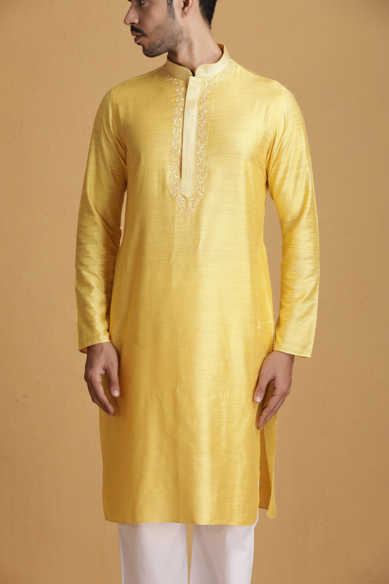 Lemon Yellow Kurta Set With Collar And Placket Embroidery image number 0